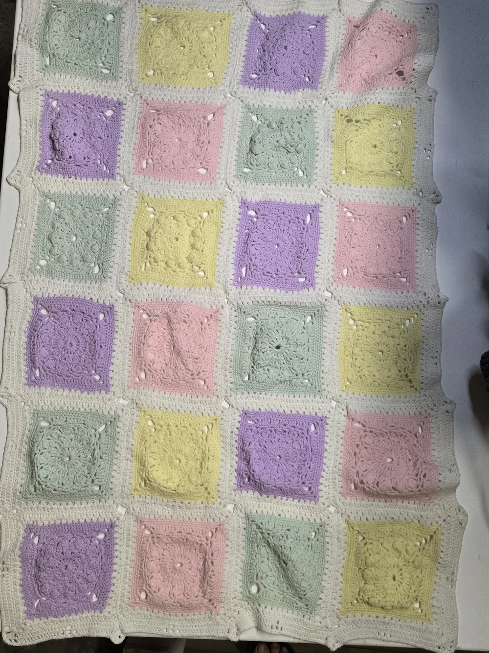 Handmade Crochet Mini Blanket in Pastel Lavender, Pink, Yellow & Mint Green